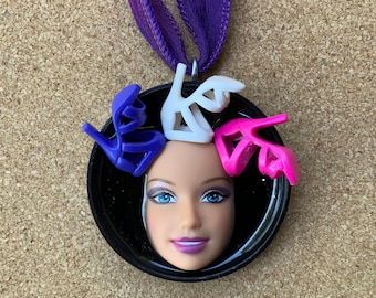 Eclectic doll face pendant necklace, shoes, bottle cap resin jewelry