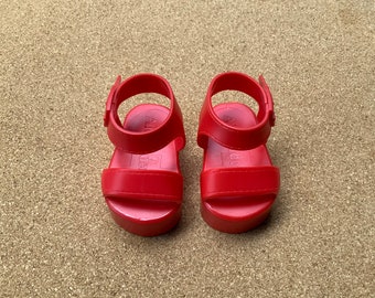 Vintage doll shoes, Alexander, Red plastic sandals, 18 inch doll size, flat feet