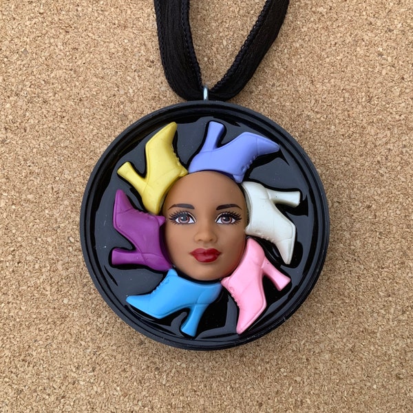 Big Bold Eclectic doll face pendant necklace, shoes, bottle cap resin jewelry