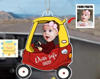 Adorno de coche con foto personalizado, Conducir seguro papá/mamá, Adorno acrílico de cara de bebé personalizado, Regalo para papá, Regalo de nueva mamá, Recuerdo de foto personalizado