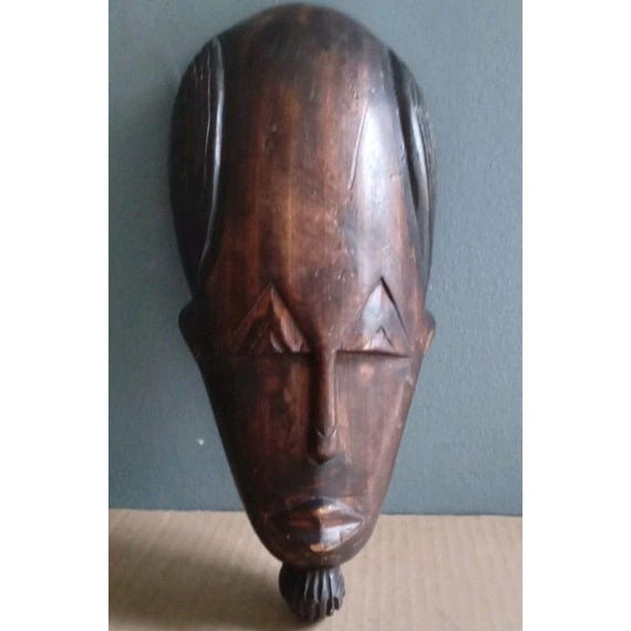 Vintage African Wood Carved Wall Hanging Mask Tribal Art Decor