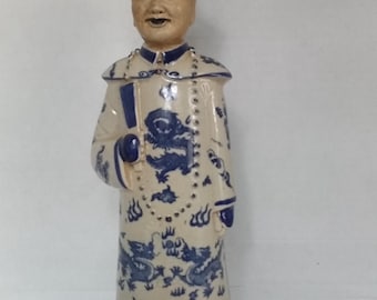 Vintage orientalische asiatische Mann Figur Statue blau weiß Porzellan Dekor