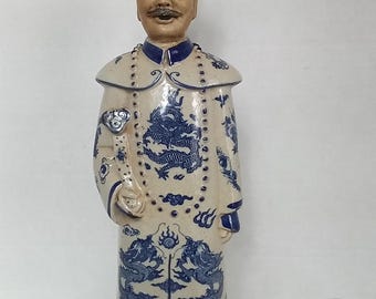 Vintage Chinese Blue White Ceramic Figurine Emperor Statue Asian Decor