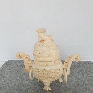 Vintage Ornate Carved Sculpture Incense Burner Foo Dog Lid Ivory Color