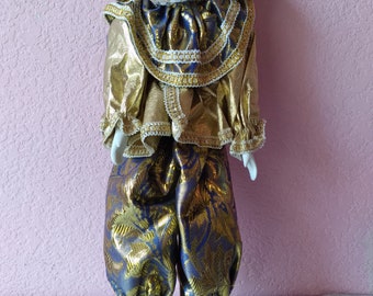 Vintage Porcelain Clown Doll Golden Outfit Harlequin Pierrot Collectible Decor