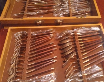 Vintage Jean-Claude Rosewood and bronze Flatware and Servingware Cutlery Set 91pcs in Original Wooden Box and Metal Polish