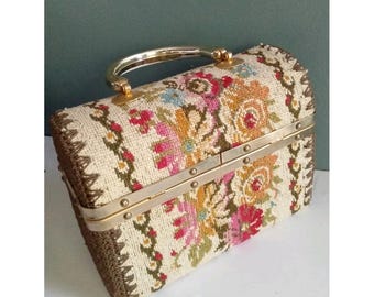 Vintage Floral Tapestry Box Handbag Purse Top Handle Unique Cottagecore Bag