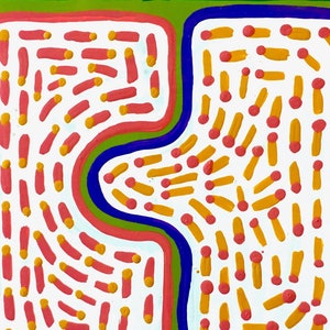 May include: Abstract painting with a white background and a blue, green, and red border. The painting features a pattern of orange and pink lines and dots.