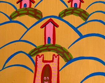 Hilltown Scene / original painting / house as castle / 5865