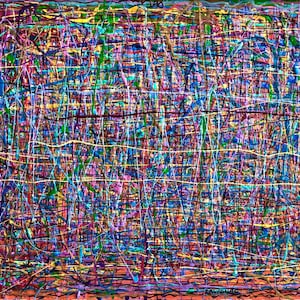 Puede incluir: Pintura abstracta con un patrón de cuadrícula en tonos de azul, verde, morado, rojo, amarillo y blanco.