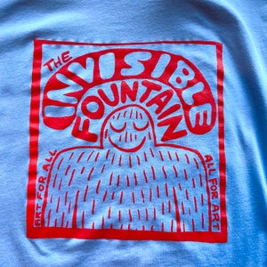 Invisible Fountain / Happy Creature T-Shirt / Red on Lavender Blue / Unisex adult sizes image 1