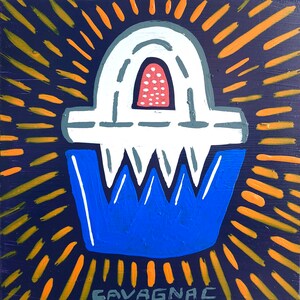 May include: A white and blue abstract painting with a crown shape and a red and white circle in the center. The painting is on a dark blue background with orange lines radiating out from the center.