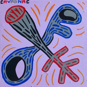 Könnte beinhalten: Abstraktes Gemälde mit lila Hintergrund und einem grauen, blauen und roten Design. Das Design besteht aus zwei sich überlappenden Formen, eine mit einem schwarzen Kreis in der Mitte und die andere mit einer roten und grauen astähnlichen Form. Der Hintergrund ist mit orangen Linien bedeckt.