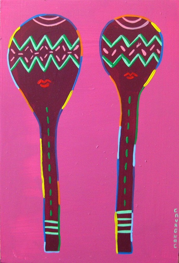 Maraca Original Painting: Pink Maroon Art (20x14 inches)