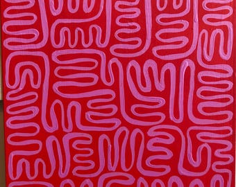 May include: Abstract painting with a pink and red colour scheme. The painting features a repeating pattern of pink lines on a red background.