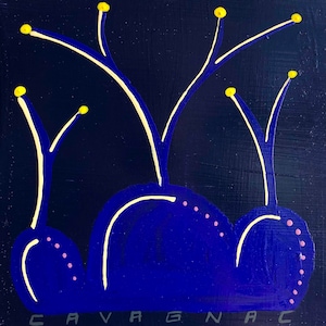 May include: Abstract painting of three blue rounded shapes with yellow and pink accents on a dark blue background. The painting is titled "CAVAGNAC".
