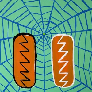May include: Abstract painting of two orange hot dog shapes with black zig-zag lines on a green background with a blue spider web design.