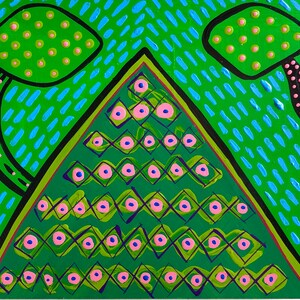 May include: Abstract painting with a green background and two green mushrooms with pink dots. The mushrooms are on either side of a green triangle with pink and blue dots.