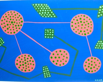 May include: Abstract painting with a blue background, green and pink circles with green dots, and green squares and diamonds with green dots.