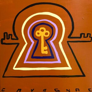 May include: A brown, black, white, purple, and gold keyhole illustration with concentric circles and a key inside. The word "CAVAGNA" is written at the bottom of the image.