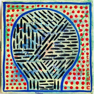 May include: Abstract painting on a canvas with a blue outline of a lightbulb shape filled with black lines on a yellow background with red dots. The artist's signature "CAVAGNAC" is in the lower right corner.