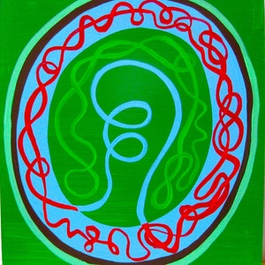 May include: Abstract painting with a green background and a large circle in the center. The circle is filled with a blue and green swirl design, surrounded by a red, blue, and brown border.