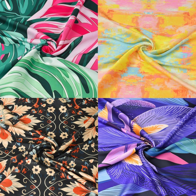 Op de afbeelding: Een collage van vier zijden sjaals met levendige patronen. E&eacute;n heeft grote groene en roze tropische bladeren, een andere heeft een abstract geel en oranje ontwerp, een derde toont een bloemenpatroon op een zwarte achtergrond en de laatste een paars bloemenontwerp.