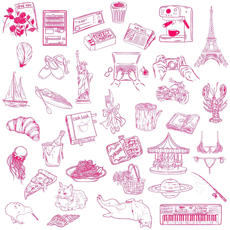 Detailed red hand-drawn icons used for creating personalized scarf designs – travel, food, fashion elements.