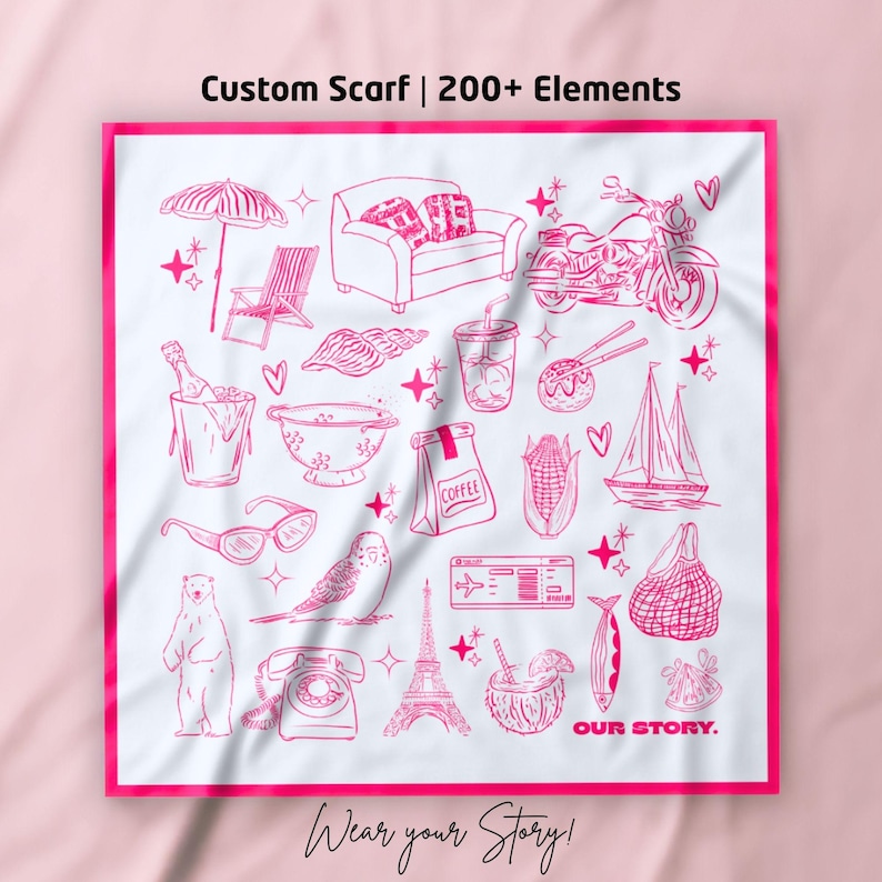 Custom scarf with hand-drawn pink icons, including travel, food, and hobbies – wearable memory gift.