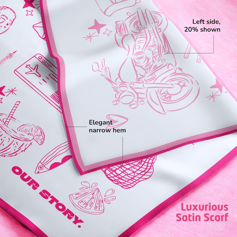 Close-up of satin scarf showing narrow hem and high-quality print details.
