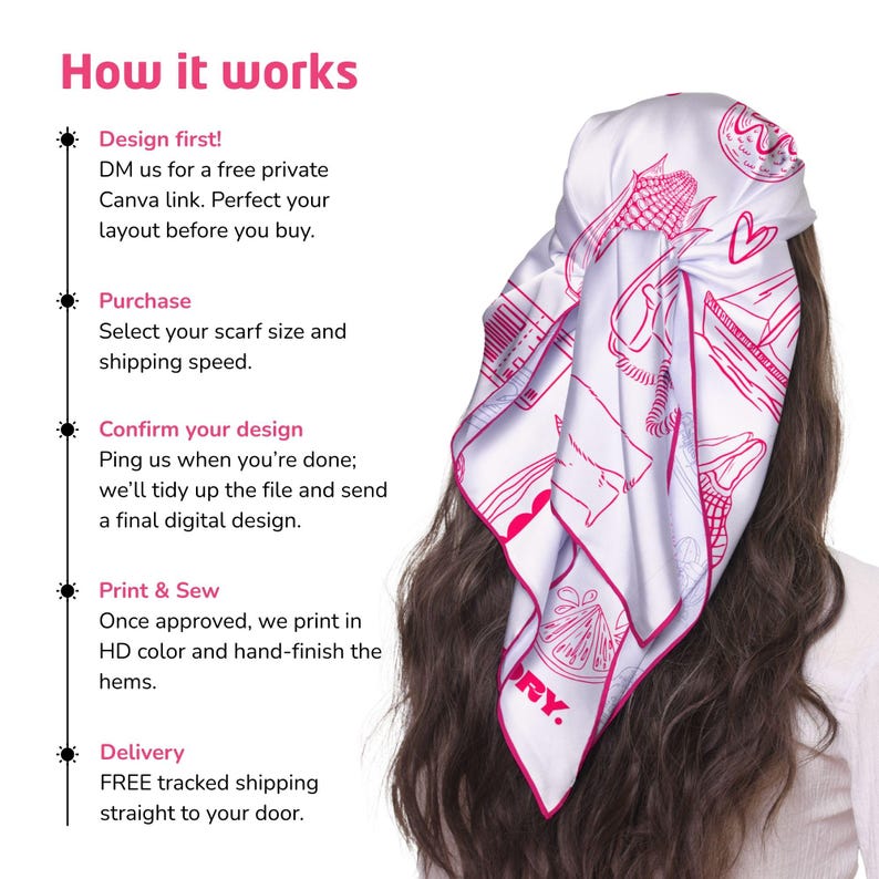 Model wearing a personalized scarf designed from favorite memories and icons.