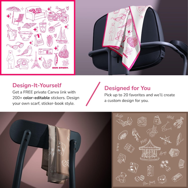 Luxurious satin scarf with 200+ illustrated icons, custom design layout on chair.