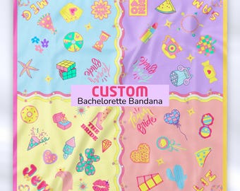 Custom Bachelorette Satin Bandana, Y2K Bridesmaid Gift, Pastel Wedding Favor, Personalized Hen Party Scarf