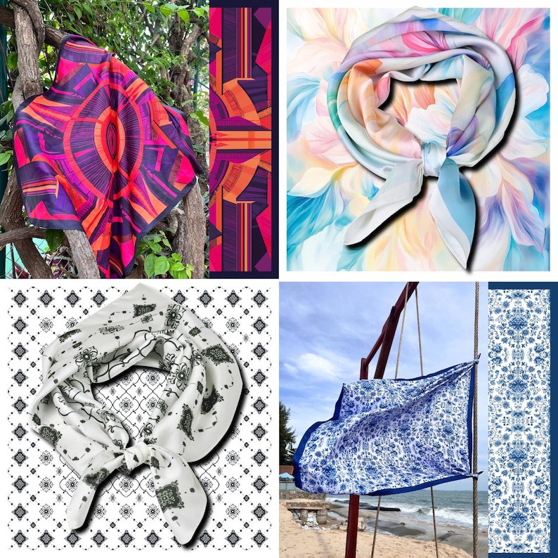 Op de afbeelding: Een collage van vier zijden sjaals. E&eacute;n heeft een levendig roze en oranje geometrisch ontwerp. Een andere toont een pastelkleurig bloemenpatroon. Een derde sjaal is wit met zwarte bloemen en geometrische motieven. De laatste sjaal is blauw met een wit bloemenpatroon.
