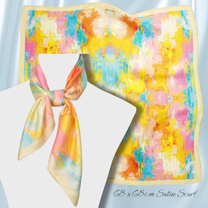 Pastel Glitch Satin Scarf 68cm – Abstract Pastel Square, Silk-Feel Head Wrap, Neck Kerchief, Festival Bandana | Hucotex