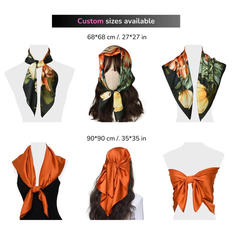 Op de afbeelding: Een assortiment zijden sjaals in verschillende stijlen en kleuren. De sjaals worden getoond op mannequins en modellen, die verschillende manieren van dragen demonstreren. De afbeelding bevat de tekst "Custom sizes available" en afmetingen van 68x68 cm en 90x90 cm.