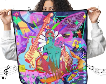 May include: Square scarf with a vibrant, psychedelic design featuring a woman with sunglasses, guitars, musical notes, and a skull. The color palette includes blues, pinks, and yellows, creating a retro, artistic vibe. The scarf is held up by a person.