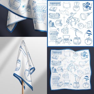 Custom blue scarf featuring line art of global travel and food memories.