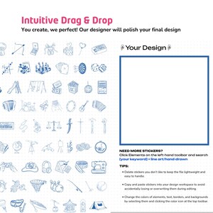 Drag-and-drop Canva editor with 200+ hand-drawn stickers to design your own scarf.