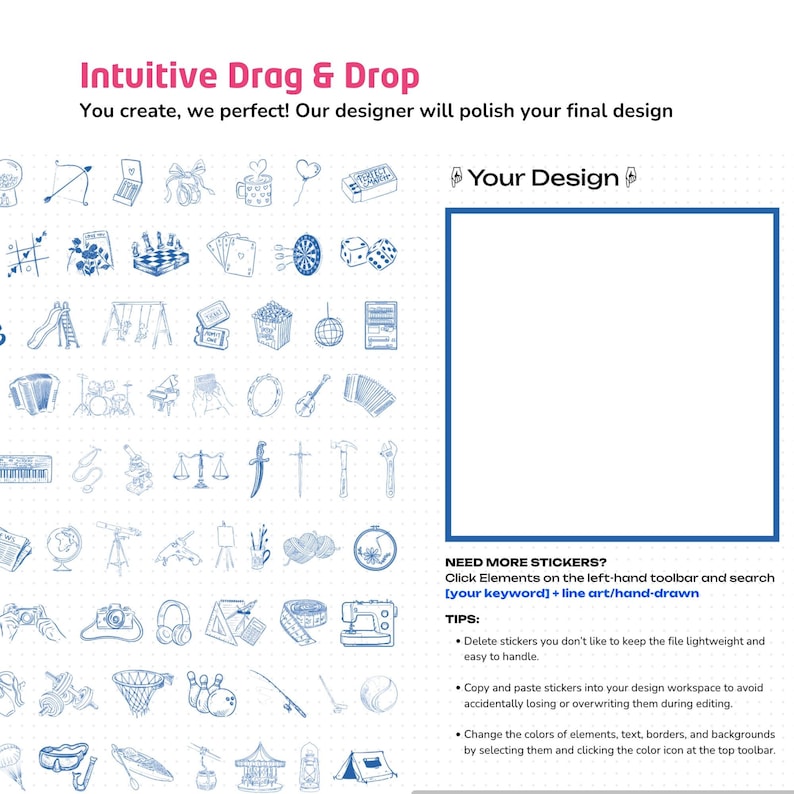 Drag-and-drop Canva editor with 200+ hand-drawn stickers to design your own scarf.