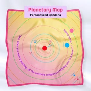 May include: A square, pink and yellow bandana with a planetary map design. The map features planets, concentric circles, and text that reads "Planetary Map, Personalized Bandana." The bandana has a pink border and a quote.