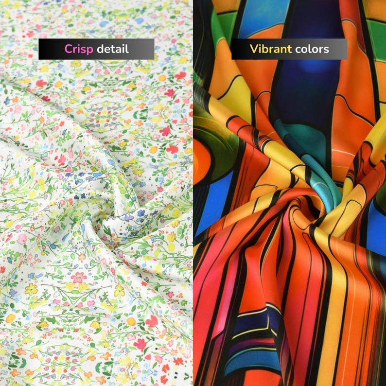 Op de afbeelding: Twee stofstalen. E&eacute;n is wit met een delicaat bloemenpatroon in roze, geel en blauw. De andere is een levendig, kleurrijk ontwerp met oranje, gele en zwarte verticale strepen en geometrische vormen.