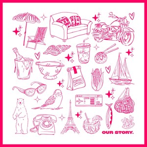 Custom scarf with hand-drawn pink icons, including travel, food, and hobbies – wearable memory gift.