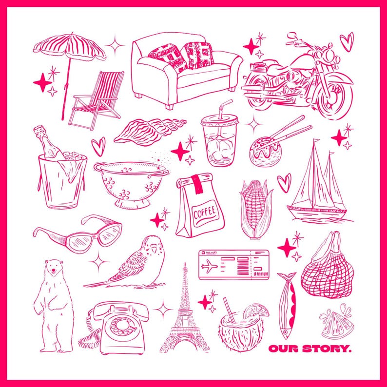Custom scarf with hand-drawn pink icons, including travel, food, and hobbies – wearable memory gift.