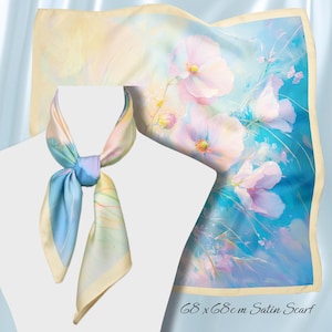 Pastel Hibiscus Satin Scarf – Lightweight Square Bandana with Watercolor Floral Design | Soft Gift for Her | Summer Boho Fashion Accessory