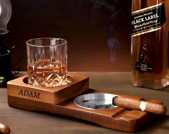 Bandeja personalizada de cigarros y whisky - Grabado personalizado Regalos grabados personales para hombres Caja de regalo de cigarros Propuesta de padrino Cenicero dotado