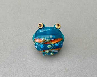 EC flat tab capri blue toad frog lampwork focal bead