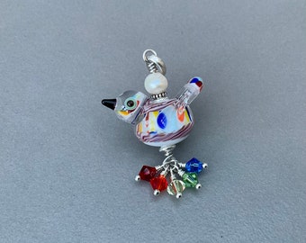 Little encased rainbow bird pendant sterling silver Swarovski crystals multi coloured bird lampwork focal bird bead SRA