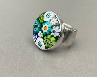 EC Full bloom flowers fused glass sterling silver cocktail statement ring 8