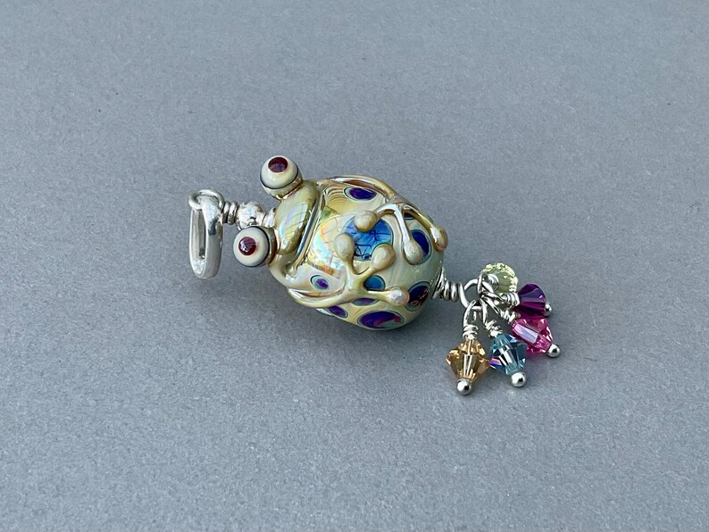 Little fat frog lampwork sterling silver pendant Swarovski crystals image 1